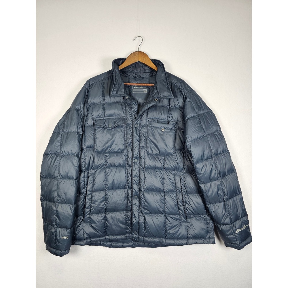Gorpcore Eddie Bauer Puffer Jacket Mens XL Navy Blue EB650 Down Quilted Snap